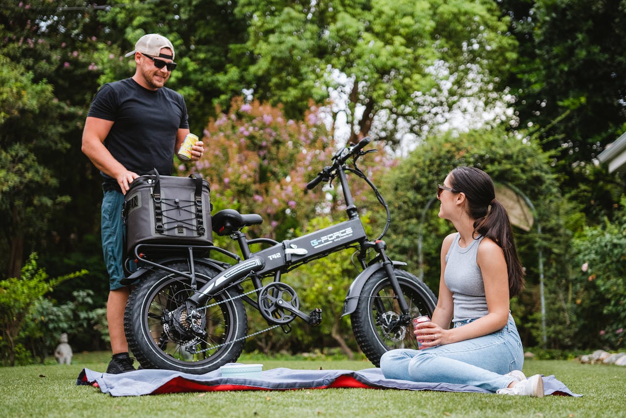 service-05 A couple enjoys a picnic in the park with an electric bike on a sunny day.