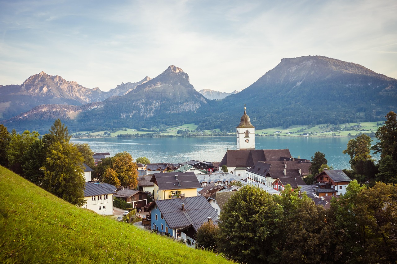 service-01 st wolfgang, salzkammergut, city, nature, village, lake, houses, church, tower, mountains, lake wolfgang, upper austria, austria, alps